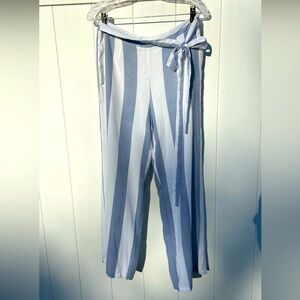 Soft Surroundings blue and white bold stripe wide leg pants w sash size medium